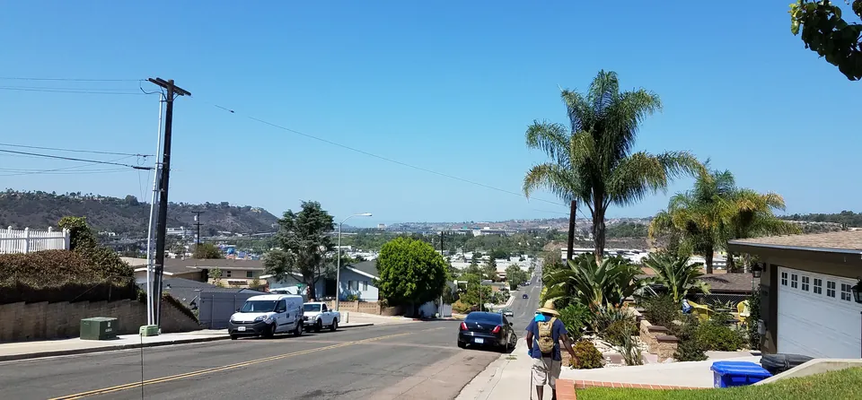 Palm-lined residential street on Twain Avenue in Allied Gardens looking out over Mission Valley