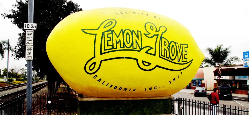 Lemon Grove’s giant yellow lemon landmark reading “Best Climate on Earth”