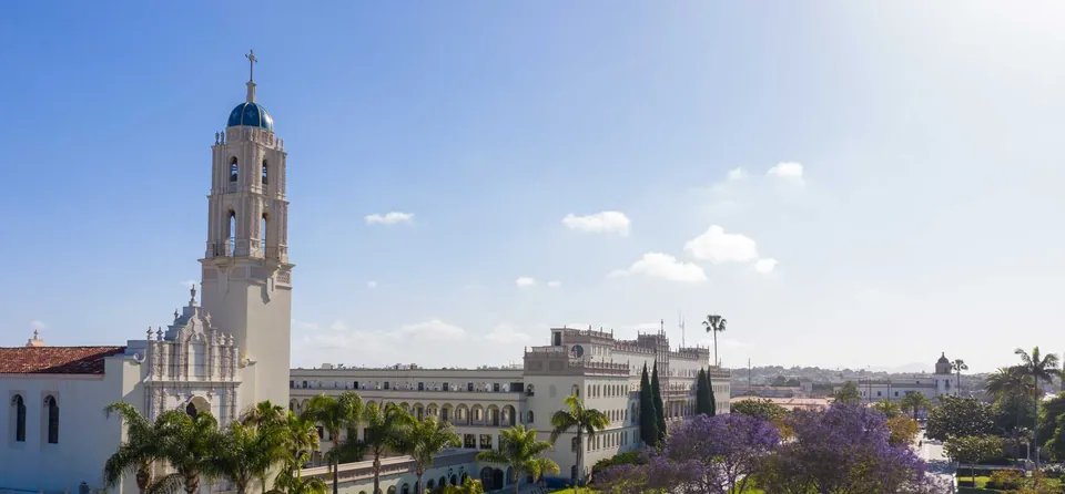 The Immaculata church tower and Spanish Renaissance buildings of the University of San Diego in Linda Vista
